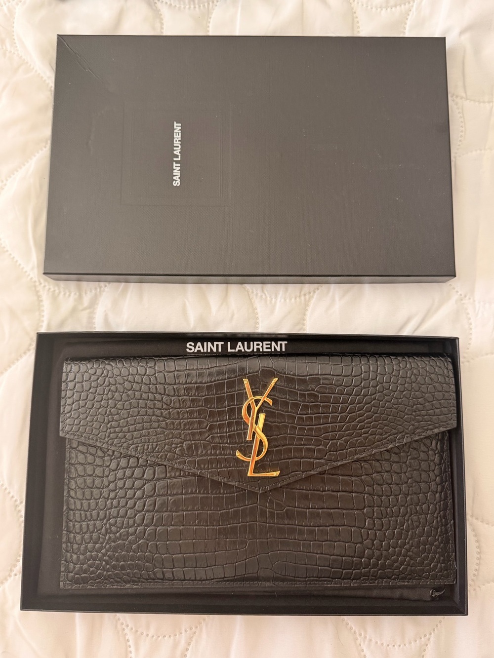 SAINT LAURENT Croc Embossed Envelope Clutch – Black with Gold Hardware YSL